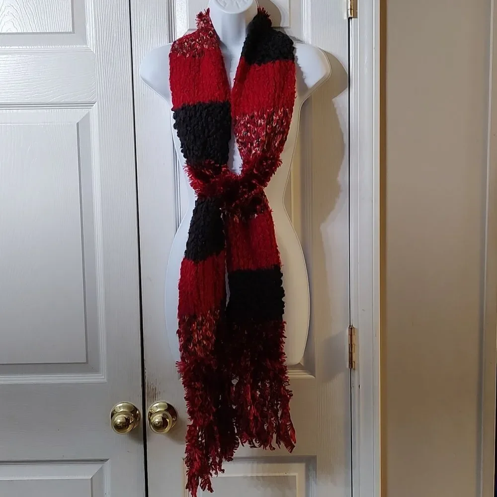 Cejon red black scarf soft fuzzy multi texture scarf
